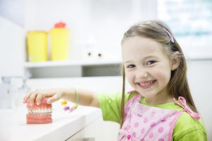 little girl playing with a model of the teeth with braces
